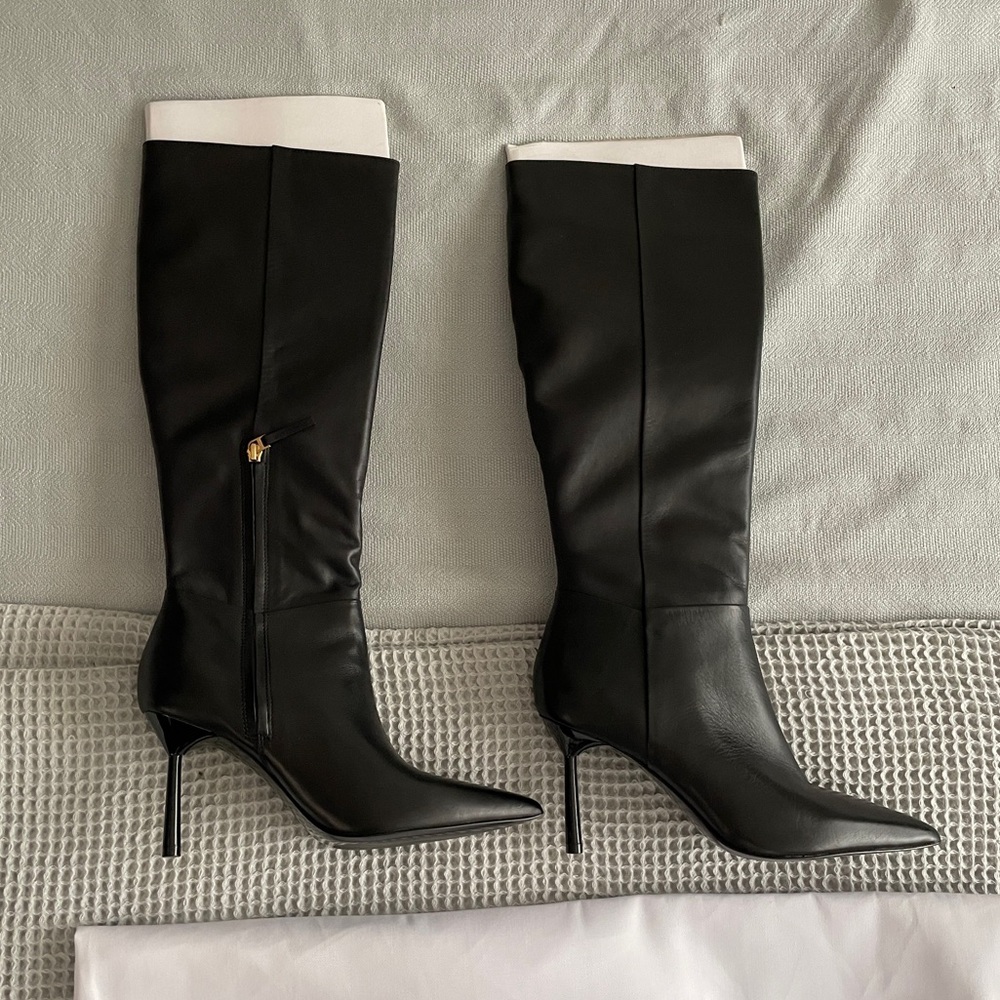 Reiss Black Leather Knee-High Stiletto Boots
